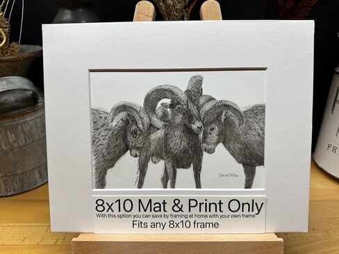 Rams Nature Wildlife Graphite Pencil Art Sketch Drawing Print Picture Limited Edition ~ Titled 'Family Strong' by David Allen (11x14 Brown Frame & Print) in Saudi Arabia
