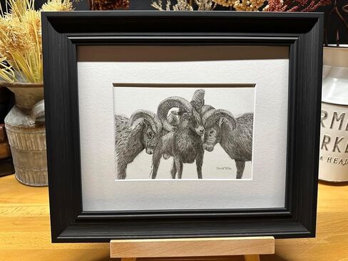 Rams Nature Wildlife Graphite Pencil Art Sketch Drawing Print Picture Limited Edition ~ Titled 'Family Strong' by David Allen (11x14 Brown Frame & Print) in Saudi Arabia
