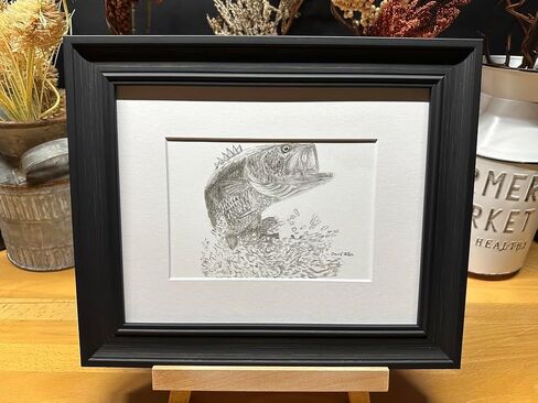 Bass Fish Jumping Nature Wildlife Graphite Art Art Sketch رسم طباعة صورة محدودة بعنوان "اختبار الماء" بقلم ديفيد ألين (8x10 إطار وطباعة) in Saudi Arabia