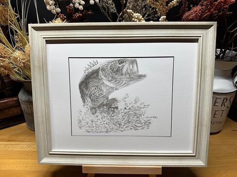 Bass Fish Jumping Nature Wildlife Graphite Art Art Sketch رسم طباعة صورة محدودة بعنوان "اختبار الماء" بقلم ديفيد ألين (8x10 إطار وطباعة) in Saudi Arabia