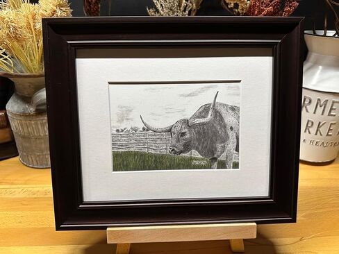 Longhorn Bull Cow Nature Wildlife Graphite Pencil Art Sketch Drawing Print Picture Limited Edition ~ Titled 'Guarding The Greener Side' by David Allen (8x10 Black Frame & Print) in Saudi Arabia