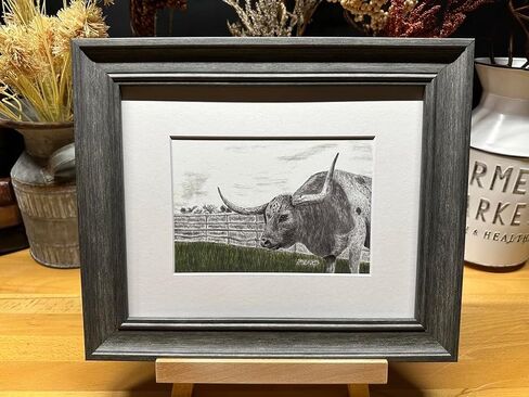 Longhorn Bull Cow Nature Wildlife Graphite Pencil Art Sketch Drawing Print Picture Limited Edition ~ Titled 'Guarding The Greener Side' by David Allen (8x10 Black Frame & Print) in Saudi Arabia