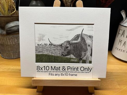 Longhorn Bull Cow Nature Wildlife Graphite Pencil Art Sketch Drawing Print Picture Limited Edition ~ Titled 'Guarding The Greener Side' by David Allen (8x10 Black Frame & Print) in Saudi Arabia