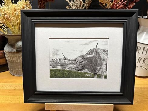 Longhorn Bull Cow Nature Wildlife Graphite Pencil Art Sketch Drawing Print Picture Limited Edition ~ Titled 'Guarding The Greener Side' by David Allen (8x10 Black Frame & Print) in Saudi Arabia