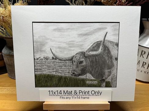 Longhorn Bull Cow Nature Wildlife Graphite Pencil Art Sketch Drawing Print Picture Limited Edition ~ Titled 'Guarding The Greener Side' by David Allen (8x10 Black Frame & Print) in Saudi Arabia