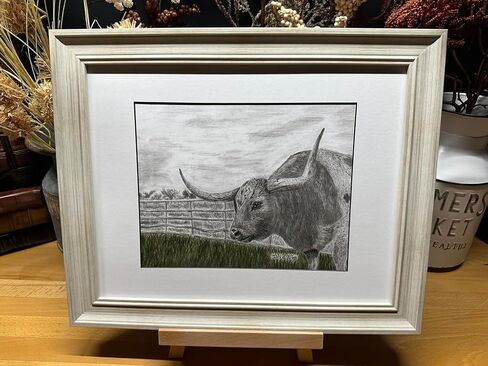 Longhorn Bull Cow Nature Wildlife Graphite Pencil Art Sketch Drawing Print Picture Limited Edition ~ Titled 'Guarding The Greener Side' by David Allen (8x10 Black Frame & Print) in Saudi Arabia