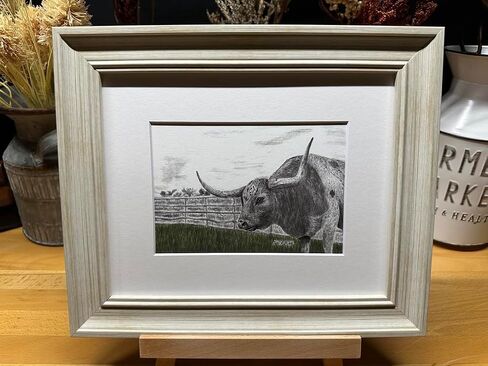 Longhorn Bull Cow Nature Wildlife Graphite Pencil Art Sketch Drawing Print Picture Limited Edition ~ Titled 'Guarding The Greener Side' by David Allen (8x10 Black Frame & Print) in Saudi Arabia