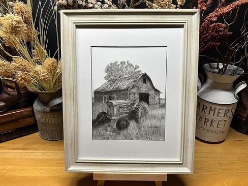 Old Tractor Barn Farm Ranch Farming Graphite Pencil Art Sketch Drawing Print Picture Limited Edition ~ Titled 'Faded Days' by David Allen (8x10 Brown Frame & Print) in Saudi Arabia