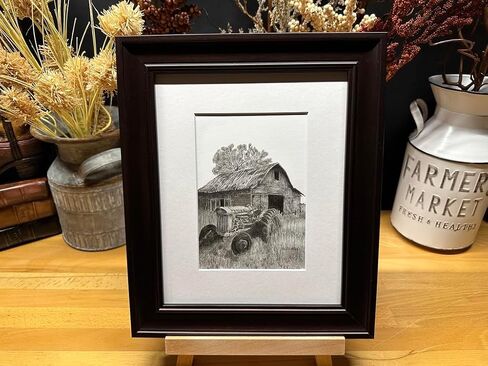 Old Tractor Barn Farm Ranch Farming Graphite Pencil Art Sketch Drawing Print Picture Limited Edition ~ Titled 'Faded Days' by David Allen (8x10 Brown Frame & Print) in Saudi Arabia