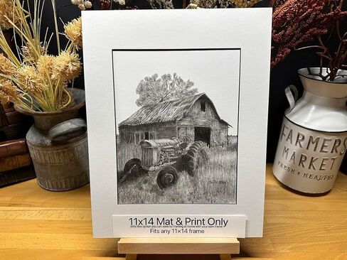 Old Tractor Barn Farm Ranch Farming Graphite Pencil Art Sketch Drawing Print Picture Limited Edition ~ Titled 'Faded Days' by David Allen (8x10 Brown Frame & Print) in Saudi Arabia