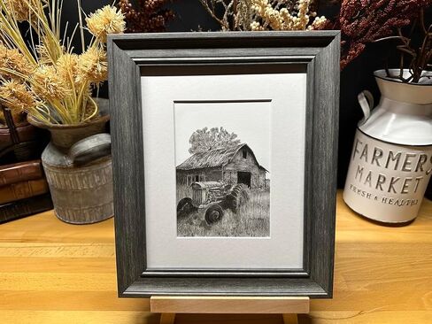 Old Tractor Barn Farm Ranch Farming Graphite Pencil Art Sketch Drawing Print Picture Limited Edition ~ Titled 'Faded Days' by David Allen (8x10 Brown Frame & Print) in Saudi Arabia