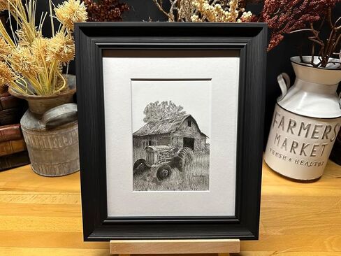 Old Tractor Barn Farm Ranch Farming Graphite Pencil Art Sketch Drawing Print Picture Limited Edition ~ Titled 'Faded Days' by David Allen (8x10 Brown Frame & Print) in Saudi Arabia