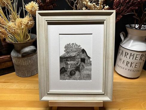 Old Tractor Barn Farm Ranch Farming Graphite Pencil Art Sketch Drawing Print Picture Limited Edition ~ Titled 'Faded Days' by David Allen (8x10 Brown Frame & Print) in Saudi Arabia