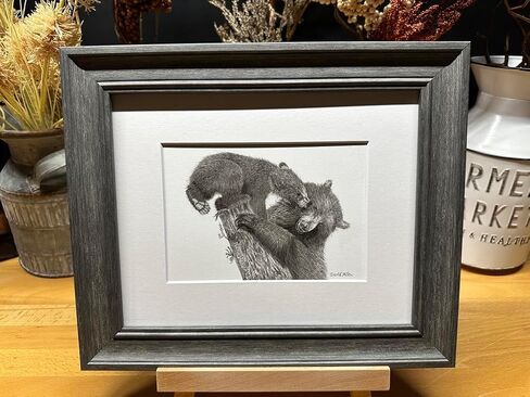 Black Bear Nature Wildlife Graphite Pencil Art Sketch Drawing Print Picture Limited Edition ~ Titled 'Playful Beginnings' by David Allen (8x10 Gray Frame & Print) in Saudi Arabia