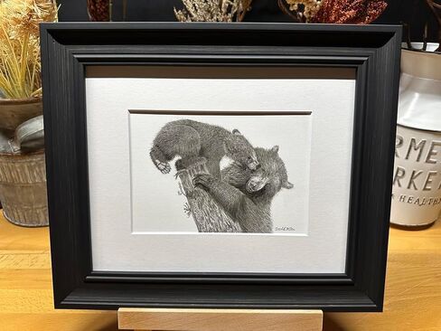Black Bear Nature Wildlife Graphite Pencil Art Sketch Drawing Print Picture Limited Edition ~ Titled 'Playful Beginnings' by David Allen (8x10 Gray Frame & Print) in Saudi Arabia