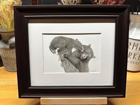 Black Bear Nature Wildlife Graphite Pencil Art Sketch Drawing Print Picture Limited Edition ~ Titled 'Playful Beginnings' by David Allen (8x10 Gray Frame & Print) in Saudi Arabia