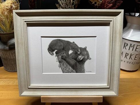 Black Bear Nature Wildlife Graphite Pencil Art Sketch Drawing Print Picture Limited Edition ~ Titled 'Playful Beginnings' by David Allen (8x10 Gray Frame & Print) in Saudi Arabia
