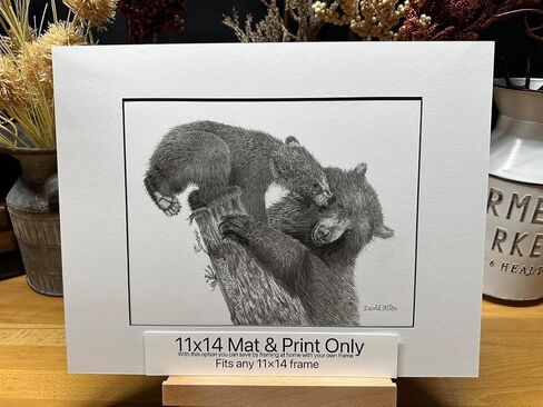 Black Bear Nature Wildlife Graphite Pencil Art Sketch Drawing Print Picture Limited Edition ~ Titled 'Playful Beginnings' by David Allen (8x10 Gray Frame & Print) in Saudi Arabia