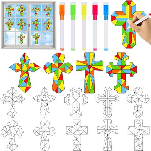 30 Pack Easter Cross Window Suncatchers Crafts Kit for Kids Christian Religious DIY Coloring Crafts Window Clings Stickers Kit Sunday School Bible decor with 10 Markers for Home Classroom Decorations in Saudi Arabia