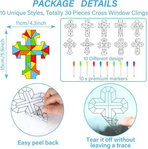 30 Pack Easter Cross Window Suncatchers Crafts Kit for Kids Christian Religious DIY Coloring Crafts Window Clings Stickers Kit Sunday School Bible decor with 10 Markers for Home Classroom Decorations in Saudi Arabia