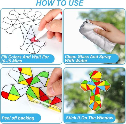 30 Pack Easter Cross Window Suncatchers Crafts Kit for Kids Christian Religious DIY Coloring Crafts Window Clings Stickers Kit Sunday School Bible decor with 10 Markers for Home Classroom Decorations in Saudi Arabia