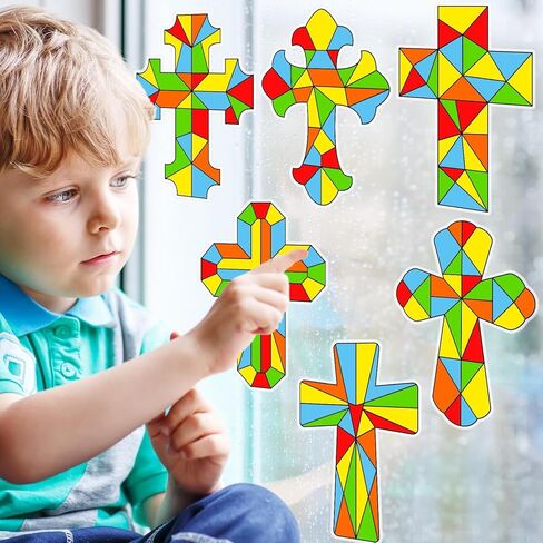 30 Pack Easter Cross Window Suncatchers Crafts Kit for Kids Christian Religious DIY Coloring Crafts Window Clings Stickers Kit Sunday School Bible decor with 10 Markers for Home Classroom Decorations in Saudi Arabia