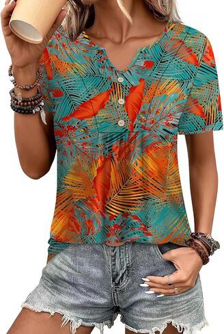 Wiholl Women Summer Tops Short Sleeve Tirts v Beck Button Button Dary Dishal Plateed Blouses Outfits in Kuwait