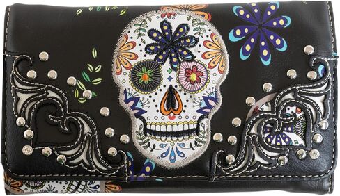 Briomhar Sugar Skull Wothic Wort for Women - Day of the Dead Western Leather Wallet (Black) in Kuwait