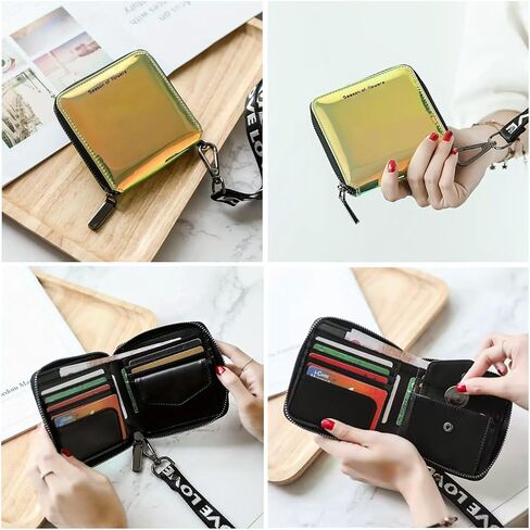 Women PU Faux Leather Fashion Holographic Shiny Laser Zip Around Wallets Coin Purse with Neck Lanyard (Pink) in Kuwait