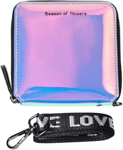 Women PU Faux Leather Fashion Holographic Shiny Laser Zip Around Wallets Coin Purse with Neck Lanyard (Pink) in Kuwait