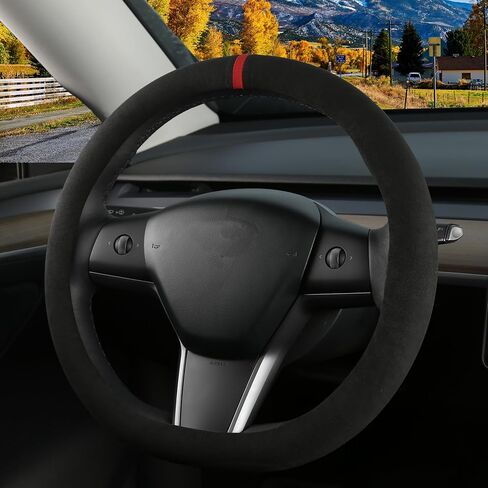 Suede Steering Wheel Cover for Tesla Model 3/Y, Anti Heat, Breathable, Anti-Slip,Leather Steering Wheel Cover, D Shaped 14-14 1/4 in (35.5-36 cm) (Black-02) in Kuwait