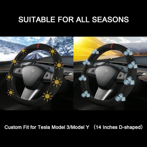 Suede Steering Wheel Cover for Tesla Model 3/Y, Anti Heat, Breathable, Anti-Slip,Leather Steering Wheel Cover, D Shaped 14-14 1/4 in (35.5-36 cm) (Black-02) in Kuwait