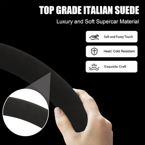 Suede Steering Wheel Cover for Tesla Model 3/Y, Anti Heat, Breathable, Anti-Slip,Leather Steering Wheel Cover, D Shaped 14-14 1/4 in (35.5-36 cm) (Black-02) in Kuwait