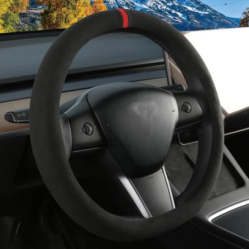 Suede Steering Wheel Cover for Tesla Model 3/Y, Anti Heat, Breathable, Anti-Slip,Leather Steering Wheel Cover, D Shaped 14-14 1/4 in (35.5-36 cm) (Black-02) in Kuwait