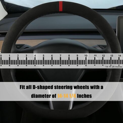Suede Steering Wheel Cover for Tesla Model 3/Y, Anti Heat, Breathable, Anti-Slip,Leather Steering Wheel Cover, D Shaped 14-14 1/4 in (35.5-36 cm) (Black-02) in Kuwait