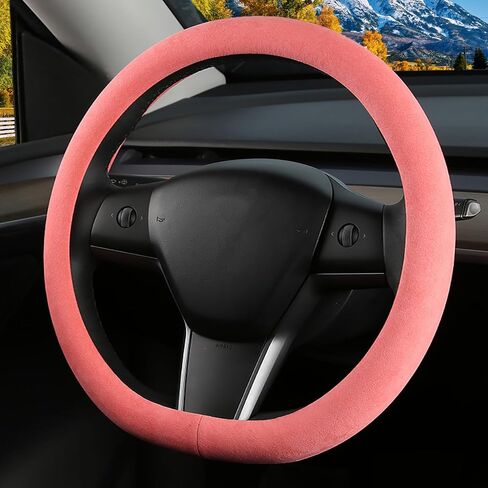 Suede Steering Wheel Cover for Tesla Model 3/Y, Anti Heat, Breathable, Anti-Slip,Leather Steering Wheel Cover, D Shaped 14-14 1/4 in (35.5-36 cm) (Black-02) in Kuwait