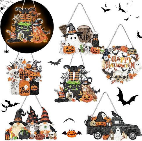 Chiisong 6 Pcs Halloween Diamond Painting Glow in The Dark Diamond Art Painting Kits Pumpkin Gnome Spooky Shaped Diamond Paintings Hanging Ornaments for DIY Halloween Holiday Party Decoration Gift in Saudi Arabia