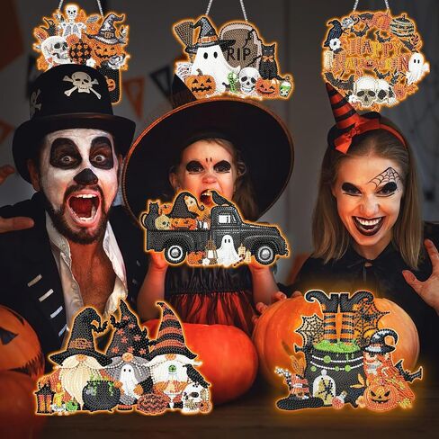 Chiisong 6 Pcs Halloween Diamond Painting Glow in The Dark Diamond Art Painting Kits Pumpkin Gnome Spooky Shaped Diamond Paintings Hanging Ornaments for DIY Halloween Holiday Party Decoration Gift in Saudi Arabia