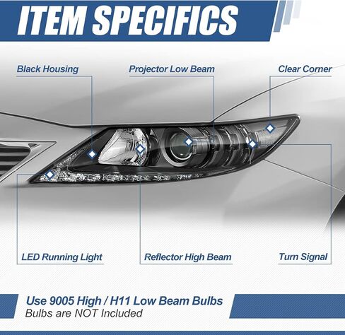 Auto Dynasty LED DRL Headlights Assembly Compatible with 2013 2014 2015 Lexus ES300H ES350, Pair of Halogen Headlamps Replacement w/LED Lighting Strip, Projector Low Beam, Black Housing Clear Corner in Saudi Arabia