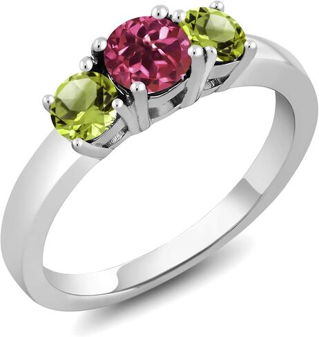 Gem Stone King 925 Sterling Silver Round Pink Tourmaline and Green Peridot 3-Stone Ring For Women | 1.10 Cttw | Gemstone Birthstone | Round 5MM and 4MM | Available In Size 5, 6, 7, 8, 9 in Saudi Arabia
