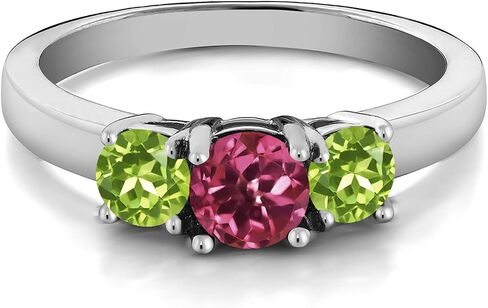 Gem Stone King 925 Sterling Silver Round Pink Tourmaline and Green Peridot 3-Stone Ring For Women | 1.10 Cttw | Gemstone Birthstone | Round 5MM and 4MM | Available In Size 5, 6, 7, 8, 9 in Saudi Arabia