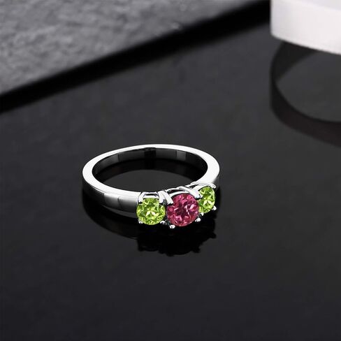 Gem Stone King 925 Sterling Silver Round Pink Tourmaline and Green Peridot 3-Stone Ring For Women | 1.10 Cttw | Gemstone Birthstone | Round 5MM and 4MM | Available In Size 5, 6, 7, 8, 9 in Saudi Arabia