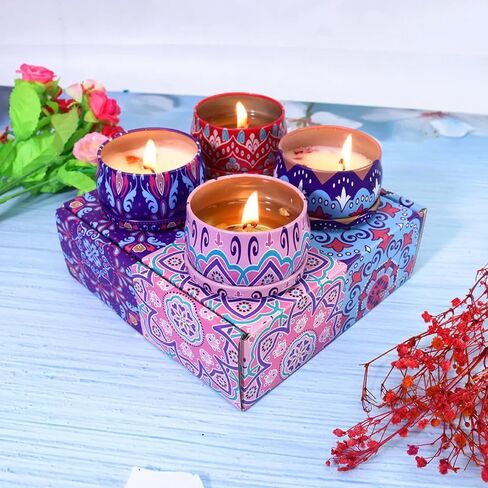 4PACK AROMATHERAPY هدية شمعة معطرة على شمع الصويا الطبيعي المصنوع يدويًا | الإجهاد تخفيف أمي سبا يوجا الصفحة الرئيسية | رائحة - مون باريس ، لافندر ، ياسمين ، روبروز (الأزهار الطازجة) in Kuwait