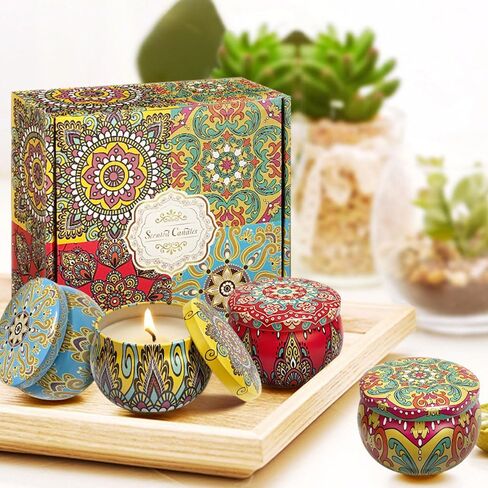 4PACK AROMATHERAPY هدية شمعة معطرة على شمع الصويا الطبيعي المصنوع يدويًا | الإجهاد تخفيف أمي سبا يوجا الصفحة الرئيسية | رائحة - مون باريس ، لافندر ، ياسمين ، روبروز (الأزهار الطازجة) in Kuwait