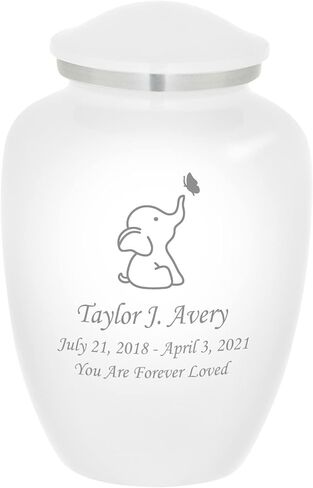 Homage Medium Custom Engraved Baby Elephant Themed Cremation Urn for Infant Ashes - Vase Style Cremation Urn - 80 Cubic Inch Capacity - Personalization Included (White) in Kuwait