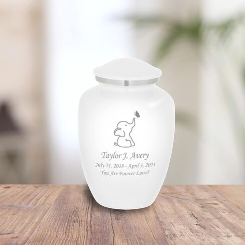 Homage Medium Custom Engraved Baby Elephant Themed Cremation Urn for Infant Ashes - Vase Style Cremation Urn - 80 Cubic Inch Capacity - Personalization Included (White) in Kuwait
