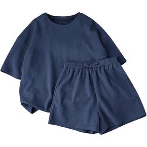 SweatyRocks Girl's 2 Piece Summer Outfits Drop Shoulder Short Sleeve Tee Shirt and Shorts Set in Kuwait