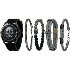 Men's Skull Watch with Stackable Bracelet Set, Silicone Band in Kuwait