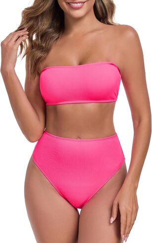 Women's Bandeau Bikini Sets Removable Straps Lace Up Swimsuits High Waisted Two Piece Bathing Suits in Saudi Arabia