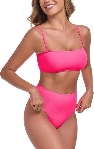Women's Bandeau Bikini Sets Removable Straps Lace Up Swimsuits High Waisted Two Piece Bathing Suits in Saudi Arabia